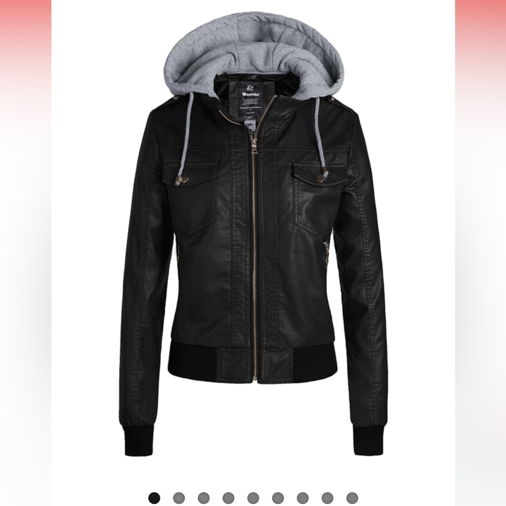 Wantdo black leather jacket with removable hood. Super soft inside. Size Small